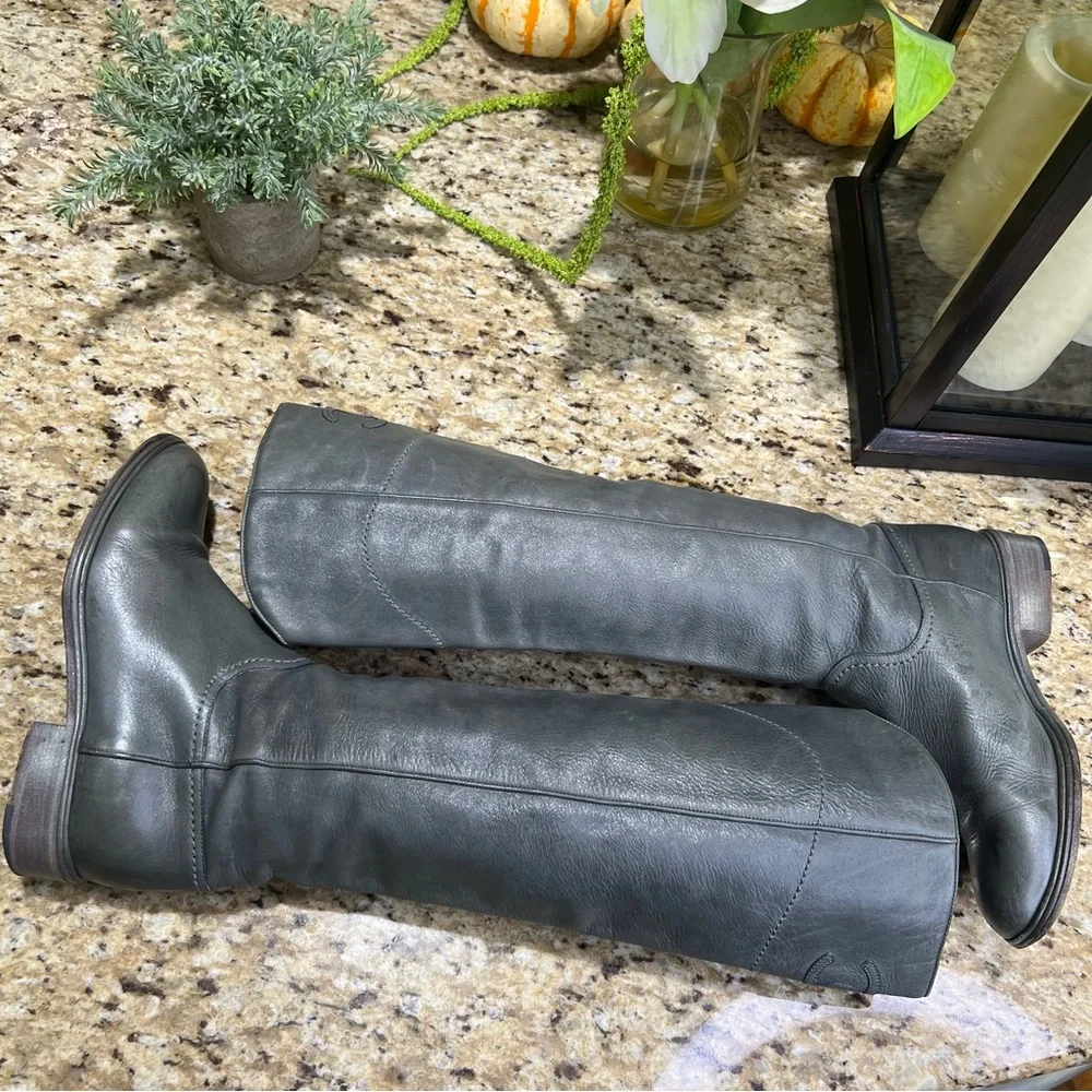 CHANEL Gray Interlocking CC Logo Leather Riding Boots 36.5